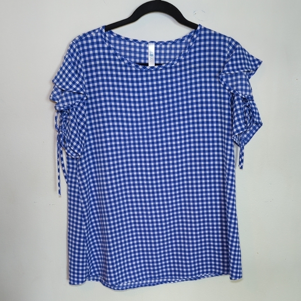 Lou Lou's Boutique Blue and White Gingham Ruffle Sleeve Blouse ~Size M*